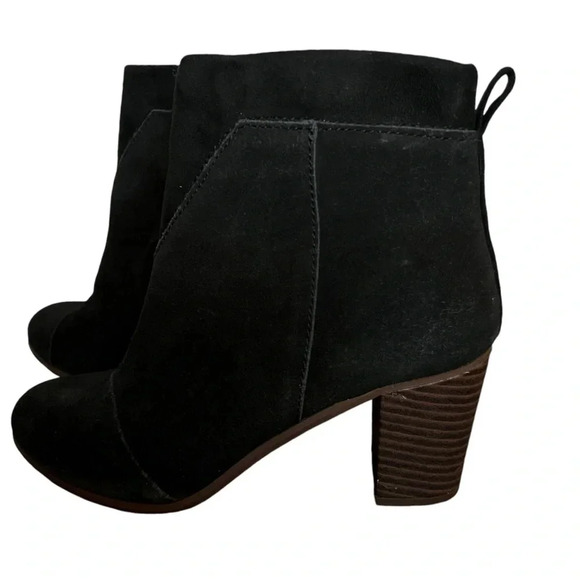 TOMs Lunata pieced suede black boot block heel women's side zip up ankle bootie - Picture 6 of 9